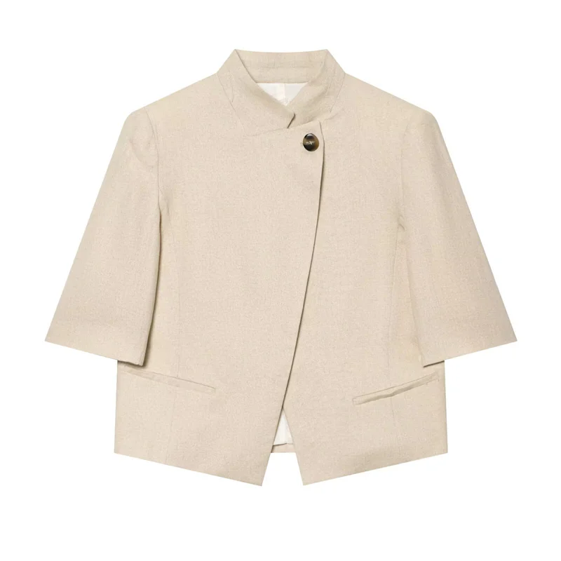 Women’s Jacket New Stand Collar Linen Blend Short Sleeve Single Blazer Spring and Summer Casual Elegant Lightweight Jacket
Women’s Jacket New Stand Collar Linen Blend Short Sleeve Single Blazer Spring and Summer Casual Elegant Lightweight Jacket