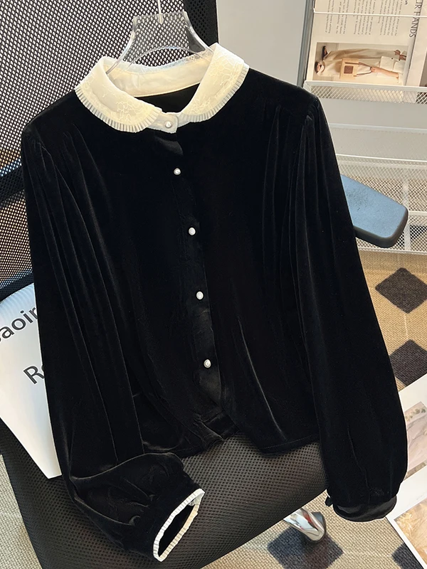 Ретро-блузка с длинным рукавом, черная, бархатная, с кружевными вставками и воротником-стойкой, женская, модная, для повседневной носки, в стиле стритстайл
Ретро-блузка с длинным рукавом, черная, бархатная, с кружевными вставками и воротником-стойкой, женская, модная, для повседневной носки, в стиле стритстайл