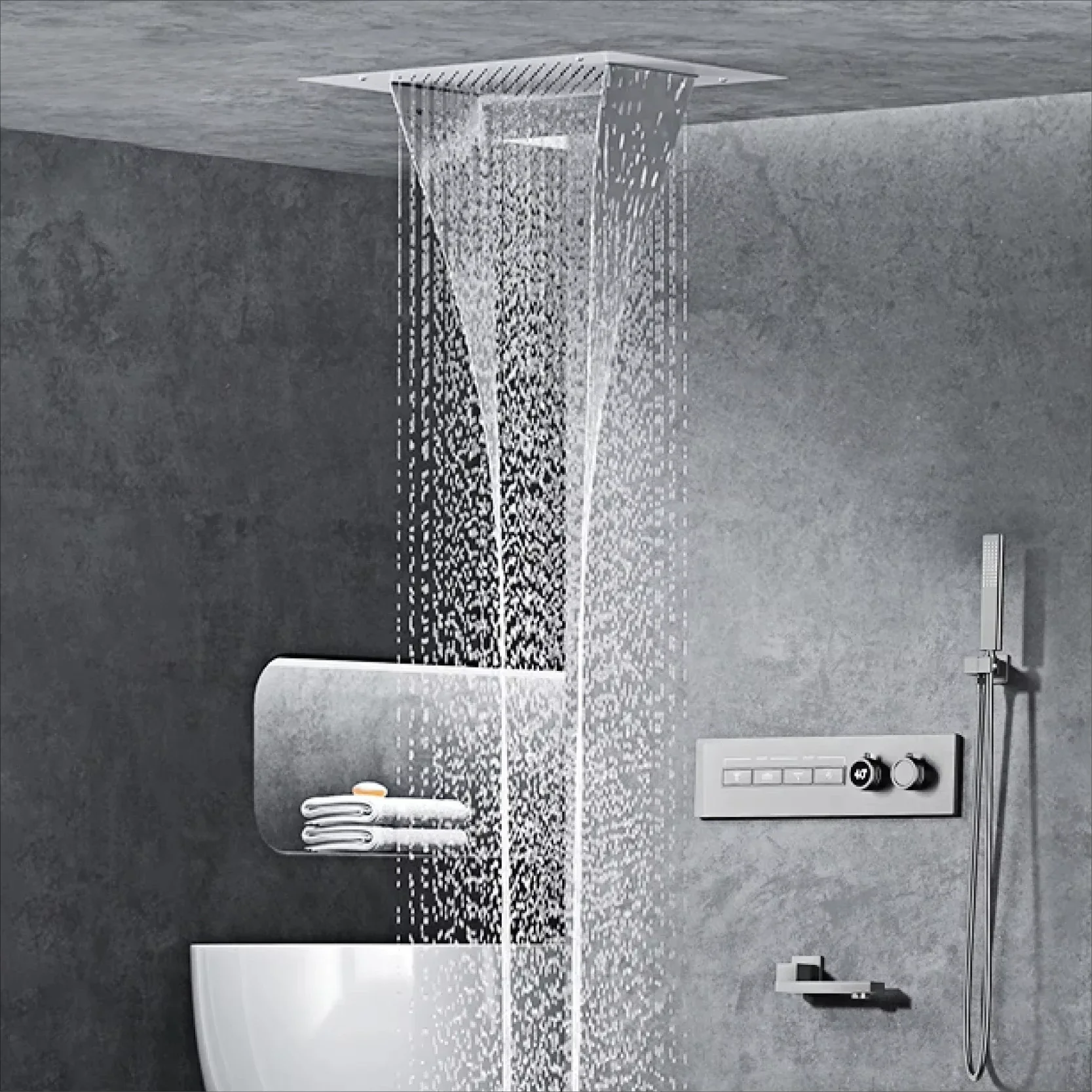 Luxury black brass shower system wall-mounted LED digital display design Cold & hot dual-control 4-function ceiling shower Tap
Luxury black brass shower system wall-mounted LED digital display design Cold & hot dual-control 4-function ceiling shower Tap