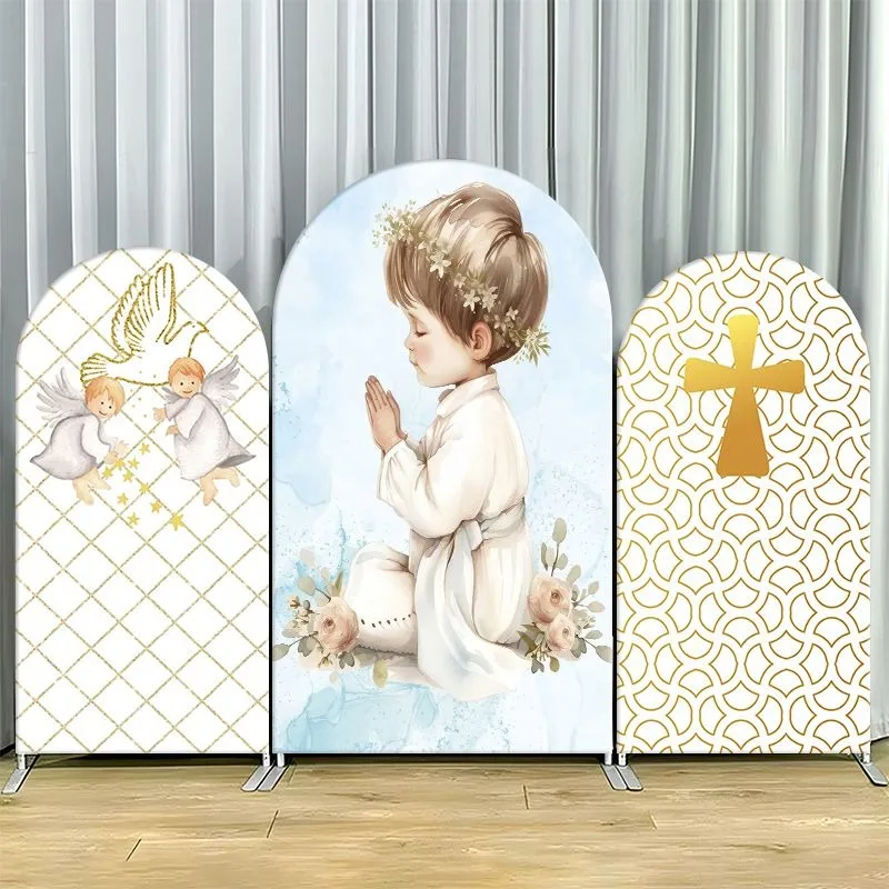 Single Side Arch Backdrop Cover Elegant Baptism Theme Backdrop Set Featuring Angelic Motifs Golden Cross and Serene Child
Single Side Arch Backdrop Cover Elegant Baptism Theme Backdrop Set Featuring Angelic Motifs Golden Cross and Serene Child