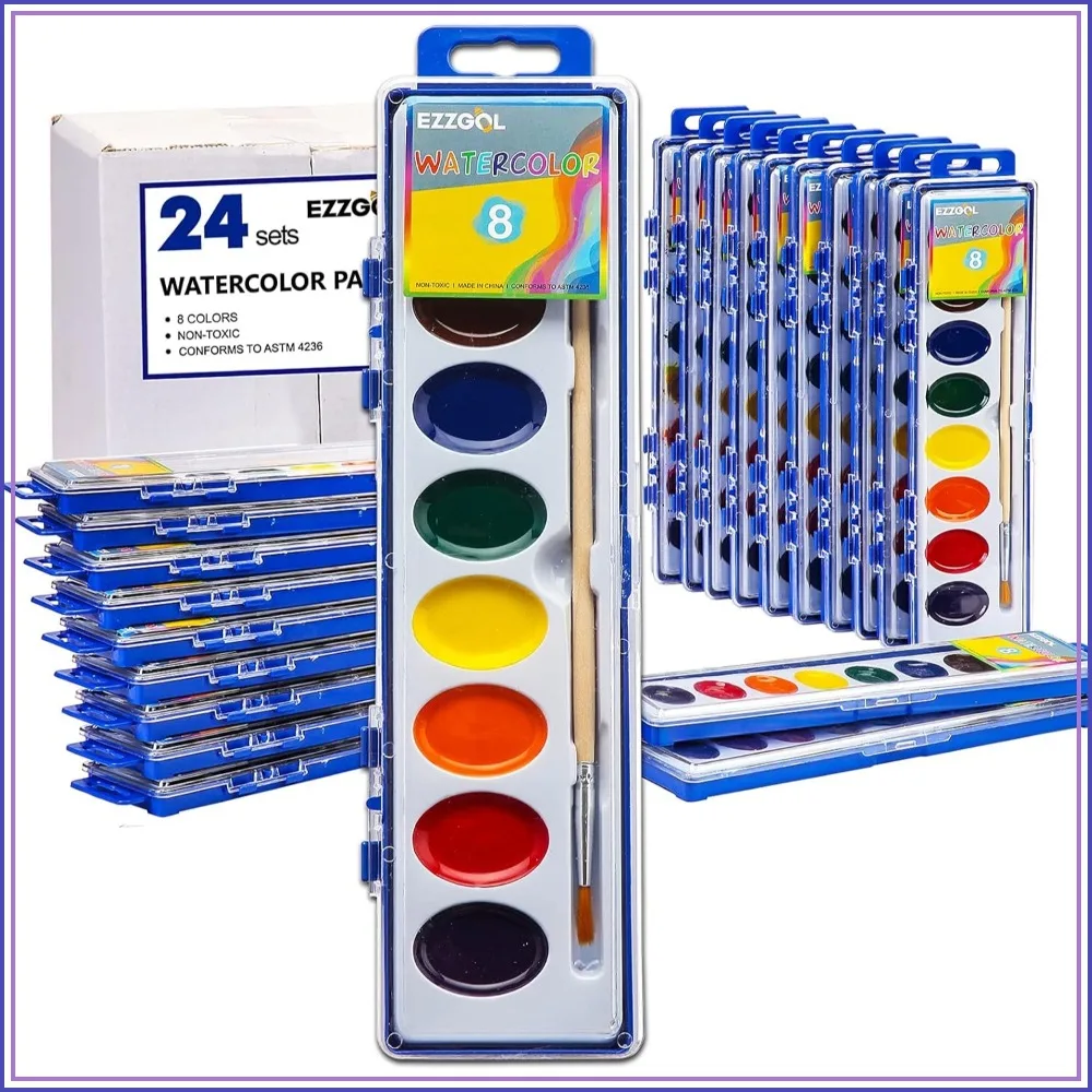 24 Pack Watercolor Paint Sets for Kids, 8 Colors Washable, Bulk Classroom Supplies
24 Pack Watercolor Paint Sets for Kids, 8 Colors Washable, Bulk Classroom Supplies
