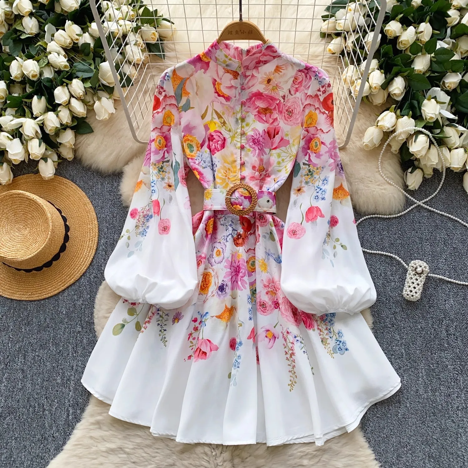 Runway Summer Holiday Short Dress Women Clothing Female Stand Long Lantern Sleeve Flower Print Single Breasted Belt Mini Vestido
Runway Summer Holiday Short Dress Women Clothing Female Stand Long Lantern Sleeve Flower Print Single Breasted Belt Mini Vestido