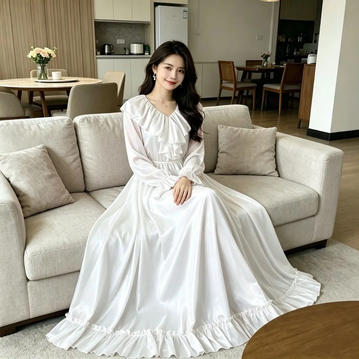 Elegant Glossy Ruffles White Women Satin Long Dress Ice Silk Night Dress Sleeping Robe
Elegant Glossy Ruffles White Women Satin Long Dress Ice Silk Night Dress Sleeping Robe