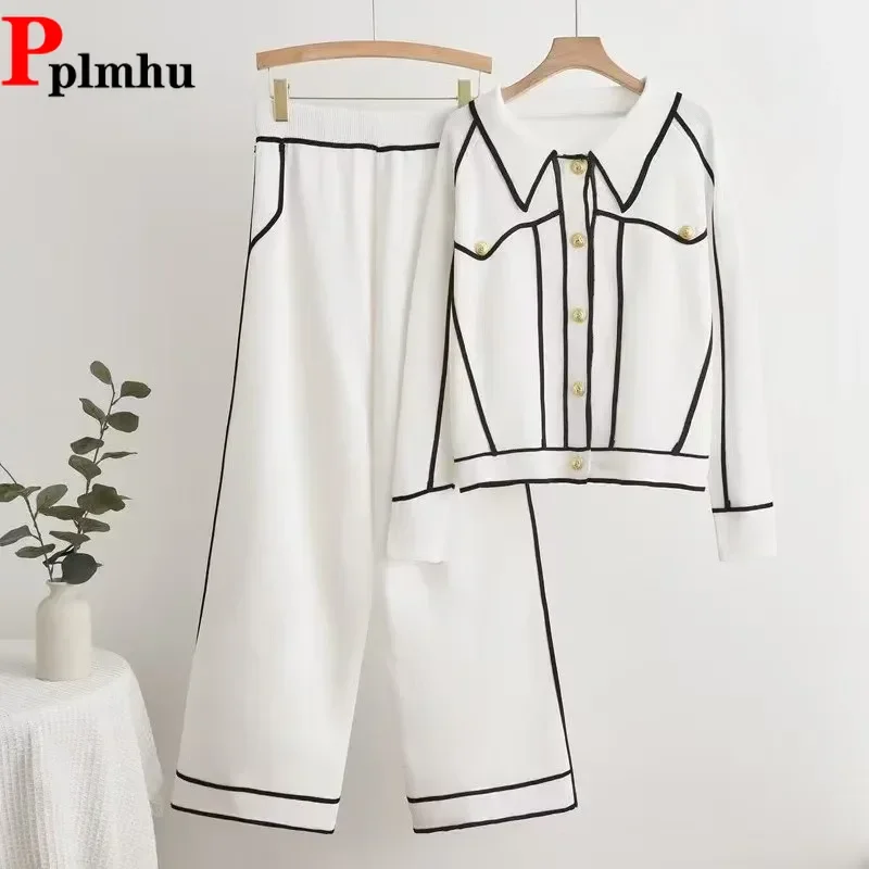 Patchwork Elegant Knitted Women 2 Piece Sets Korea High Waist Wide Leg Pants Conjunto Lapel Cardigan Sweater Coats Tops Outfit
Patchwork Elegant Knitted Women 2 Piece Sets Korea High Waist Wide Leg Pants Conjunto Lapel Cardigan Sweater Coats Tops Outfit