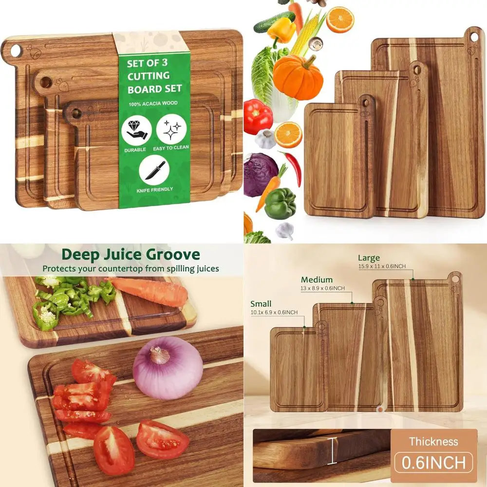3-Piece Acacia Wood Cutting Board Set with Deep Juice Grooves and Built-in Handles for Kitchen Chopping and Charcuterie
3-Piece Acacia Wood Cutting Board Set with Deep Juice Grooves and Built-in Handles for Kitchen Chopping and Charcuterie