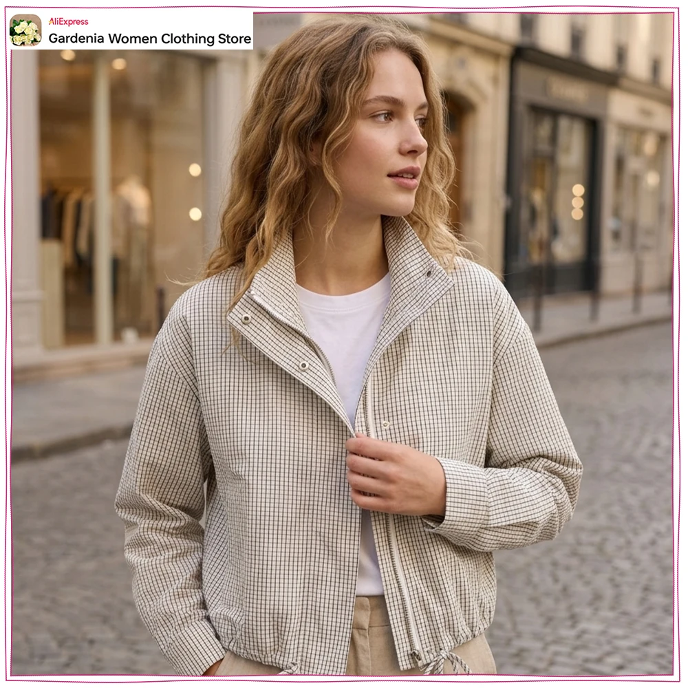 Stylish Black & White Plaid Nylon Jackets for Women Spring Casual High Collar Long Sleeves Jacket with Adjustable Drawstring Hem
Stylish Black & White Plaid Nylon Jackets for Women Spring Casual High Collar Long Sleeves Jacket with Adjustable Drawstring Hem