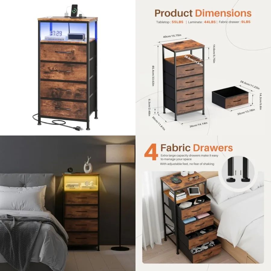 DUMOS Nightstand with Charging Station, Bedside End Table with 4 Fabric Drawers and USB/Type-C Ports and Outlets, Night Stand f
DUMOS Nightstand with Charging Station, Bedside End Table with 4 Fabric Drawers and USB/Type-C Ports and Outlets, Night Stand f