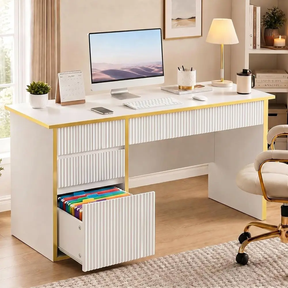 Elegant 47 White and Gold Computer Desk with 4 Drawers for Compact Spaces and Home Offices
Elegant 47 White and Gold Computer Desk with 4 Drawers for Compact Spaces and Home Offices