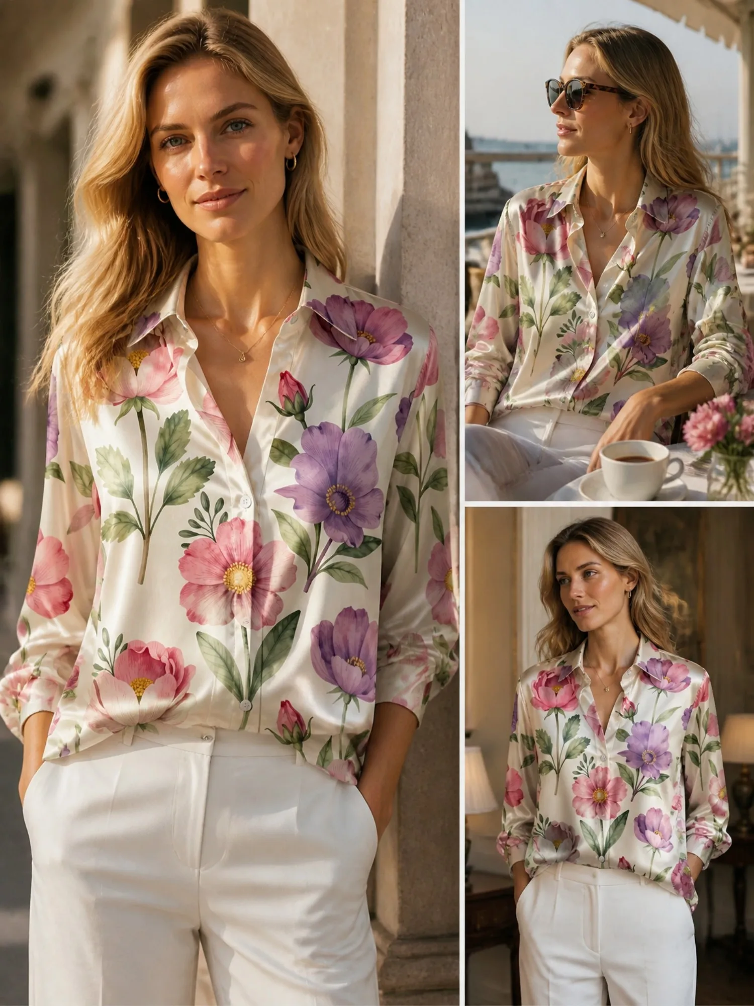 Ivory Pink Purple Wildflower Satin Blouse for Women Long Sleeve Button Down Shirt Elegant Resort Cafe Silky Top
Ivory Pink Purple Wildflower Satin Blouse for Women Long Sleeve Button Down Shirt Elegant Resort Cafe Silky Top