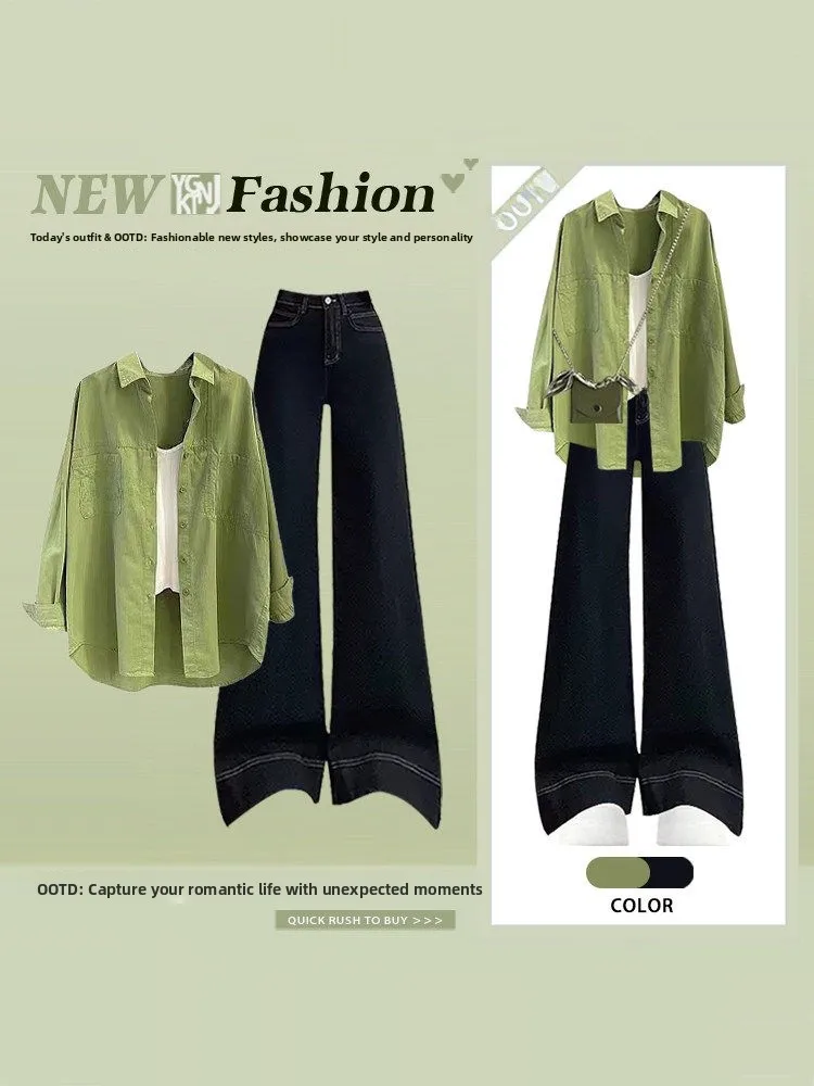 Elegant Spring Set Women's Green Shirt Strap High Waist Slim Wide Leg Jeans Three Piece Set Casual Style High Waist
Elegant Spring Set Women's Green Shirt Strap High Waist Slim Wide Leg Jeans Three Piece Set Casual Style High Waist
