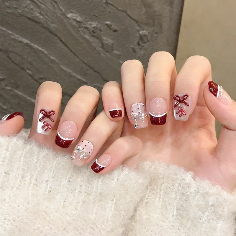 10pcs Polka Dot Fake Nails Red Bow Handmade Wearable Press on Nails Sweet Cute French Square False Nails with Small Rhinestones
10pcs Polka Dot Fake Nails Red Bow Handmade Wearable Press on Nails Sweet Cute French Square False Nails with Small Rhinestones