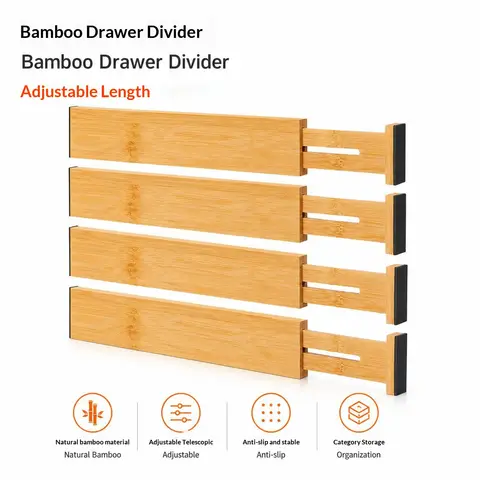 4Pcs Bamboo Drawer Dividers Organizers Adjustable Expandable Spring Loaded Drawer Separators for Kitchen Bedroom Dresser Offic