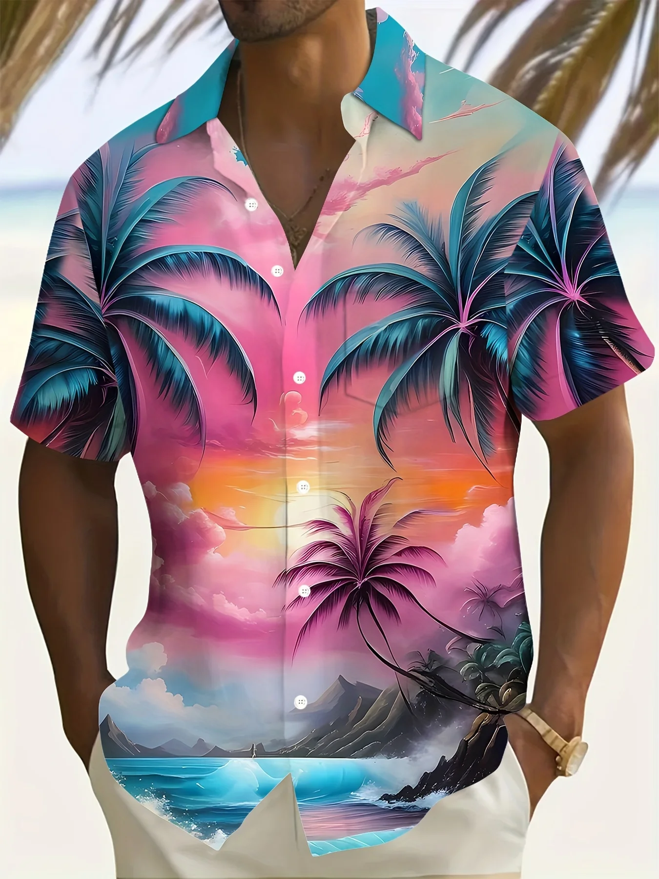 Men's tropical print shirt with vivid palm trees and sunset design. A casual short-sleeved shirt for relaxed beach wear. An ener
Men's tropical print shirt with vivid palm trees and sunset design. A casual short-sleeved shirt for relaxed beach wear. An ener