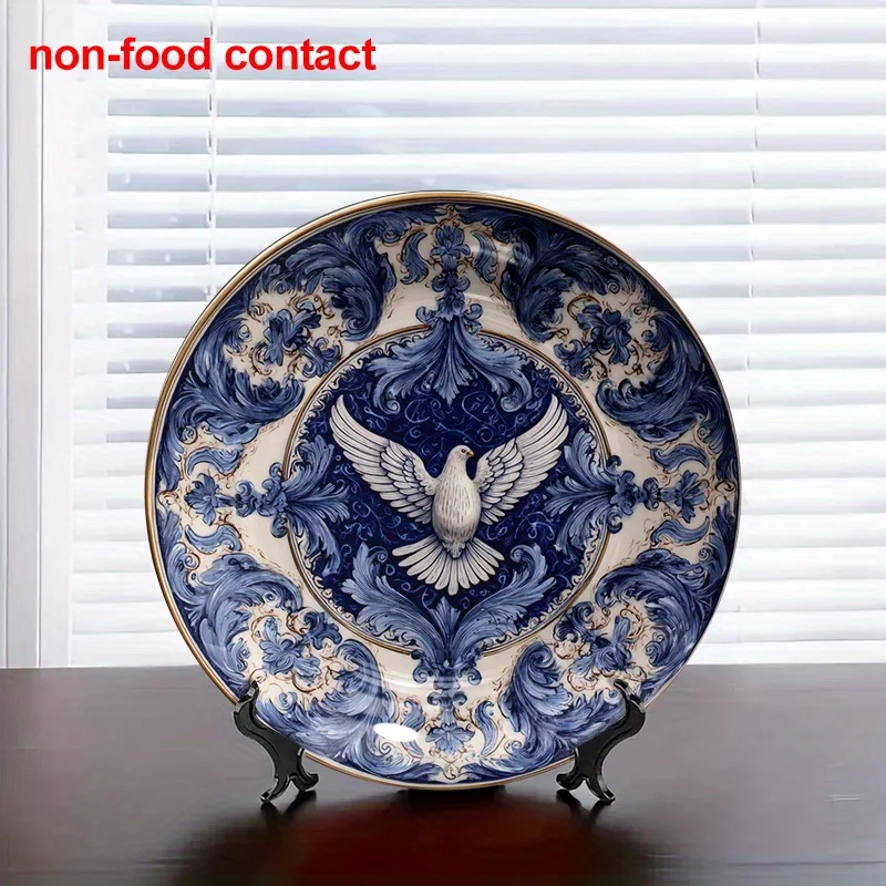 2D Flat, 8-Inch Round Chinese Blue and White Ceramic Plate - Ornate Bird & Floral Wall-Mountable Serving Tray with Black Stand,
2D Flat, 8-Inch Round Chinese Blue and White Ceramic Plate - Ornate Bird & Floral Wall-Mountable Serving Tray with Black Stand,