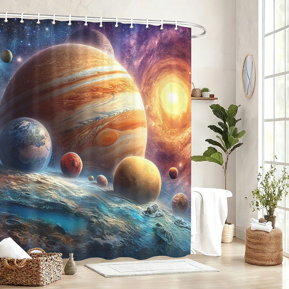 Vibrant Space Planet Pattern Polyester Shower Curtain - Stylish Bathroom Decor, Artistic Bath Linen for Home
Vibrant Space Planet Pattern Polyester Shower Curtain - Stylish Bathroom Decor, Artistic Bath Linen for Home