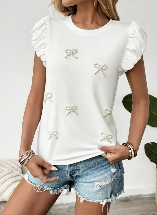 Summer 2025 Casual Bow Round Neck Pullover for Women, Elegant and Cute Girl Style with Nail Bead Bubble Sleeves T-Shirt Top
Summer 2025 Casual Bow Round Neck Pullover for Women, Elegant and Cute Girl Style with Nail Bead Bubble Sleeves T-Shirt Top