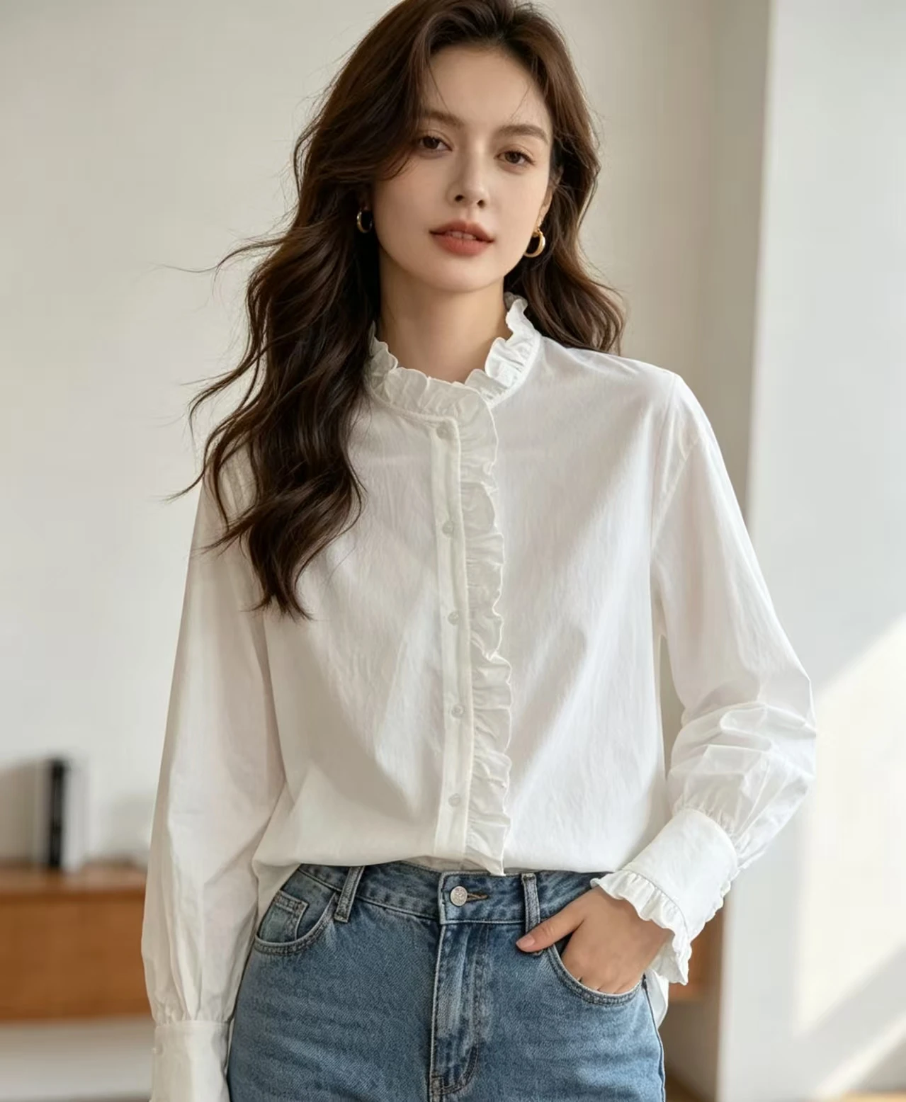 Fenggejiwo women's casual, fashionable, personalized shirt, ruffled white shirt, pure cotton shirt
Fenggejiwo women's casual, fashionable, personalized shirt, ruffled white shirt, pure cotton shirt