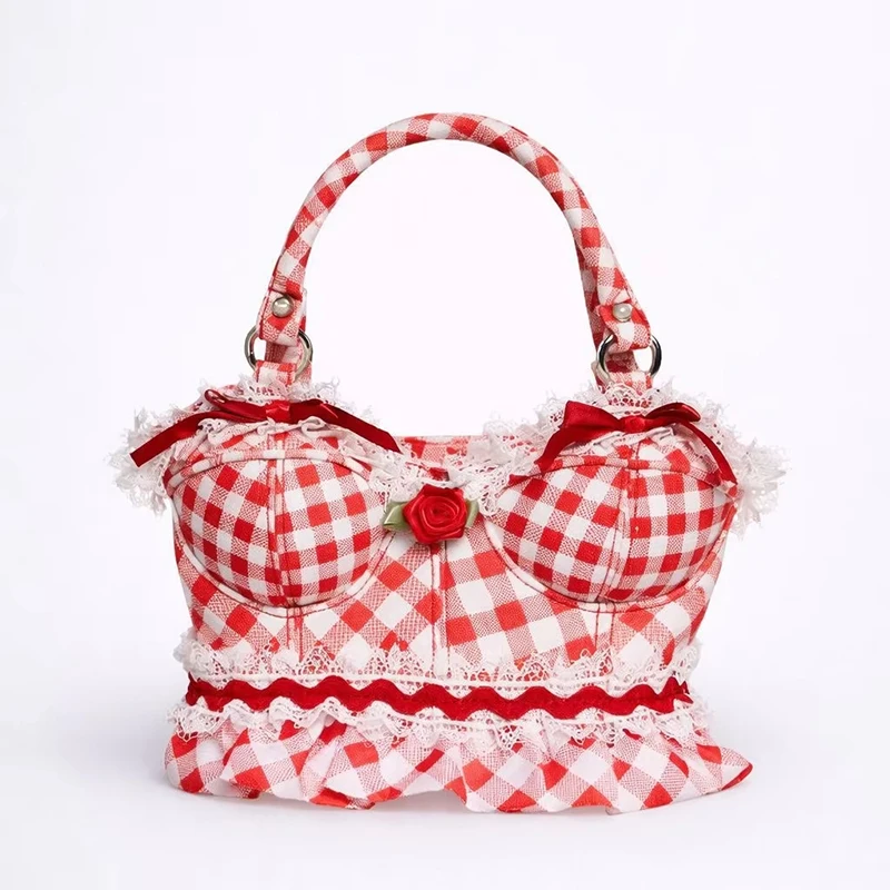 Sweet Red White Plaid Bust Shape Crossbody Bag, Lace Rose Floral Print Purse, Y2K Cute Shoulder Handbag for Women, Niche Design
Sweet Red White Plaid Bust Shape Crossbody Bag, Lace Rose Floral Print Purse, Y2K Cute Shoulder Handbag for Women, Niche Design