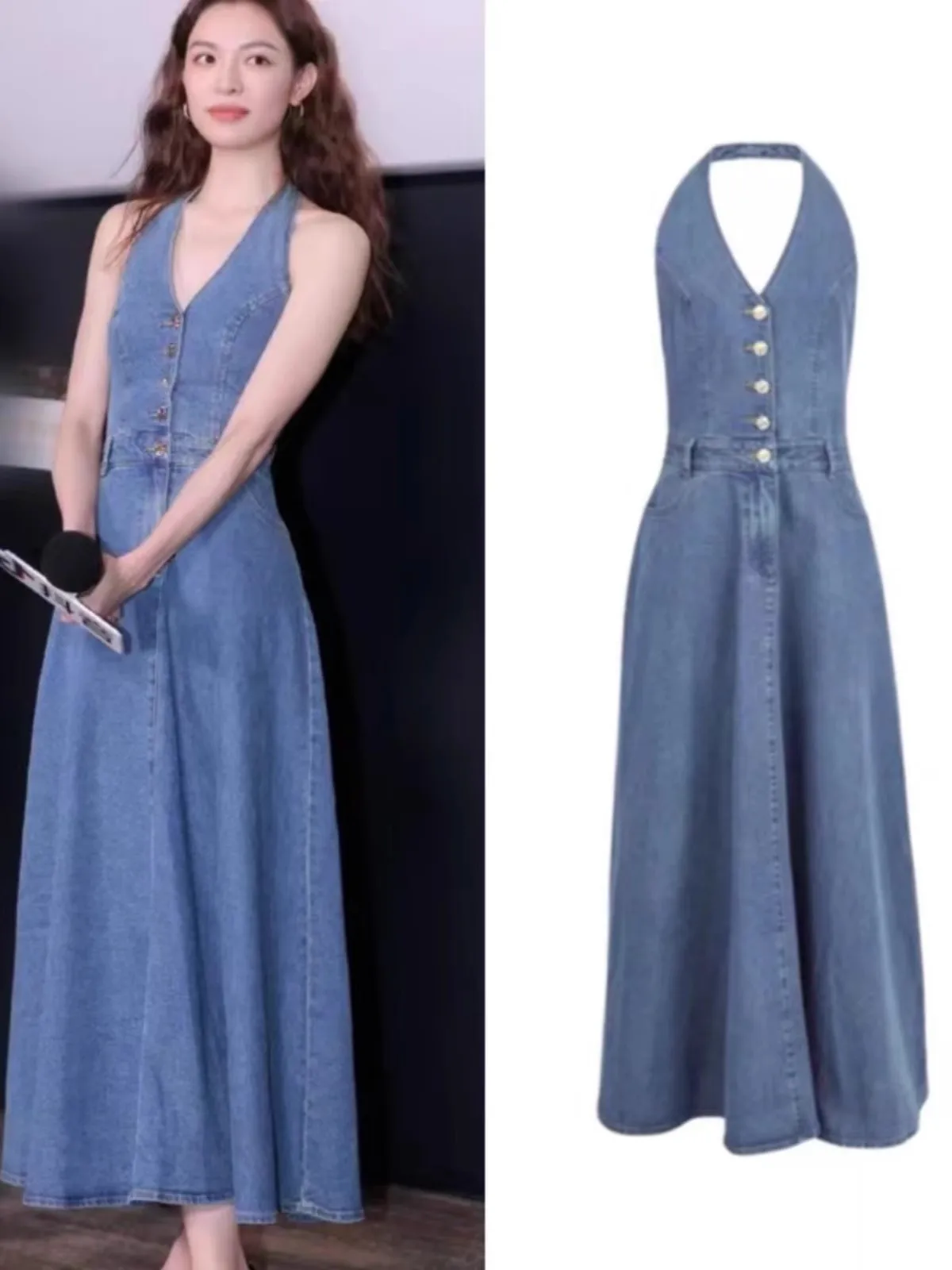Blue Denim Dress Neckline Backless Splicing Fake Two-Piece Hanging Neck Summer EXJR Women's Elegant Style Sleeveless V-neck D...
Blue Denim Dress Neckline Backless Splicing Fake Two-Piece Hanging Neck Summer EXJR Women's Elegant Style Sleeveless V-neck D...
