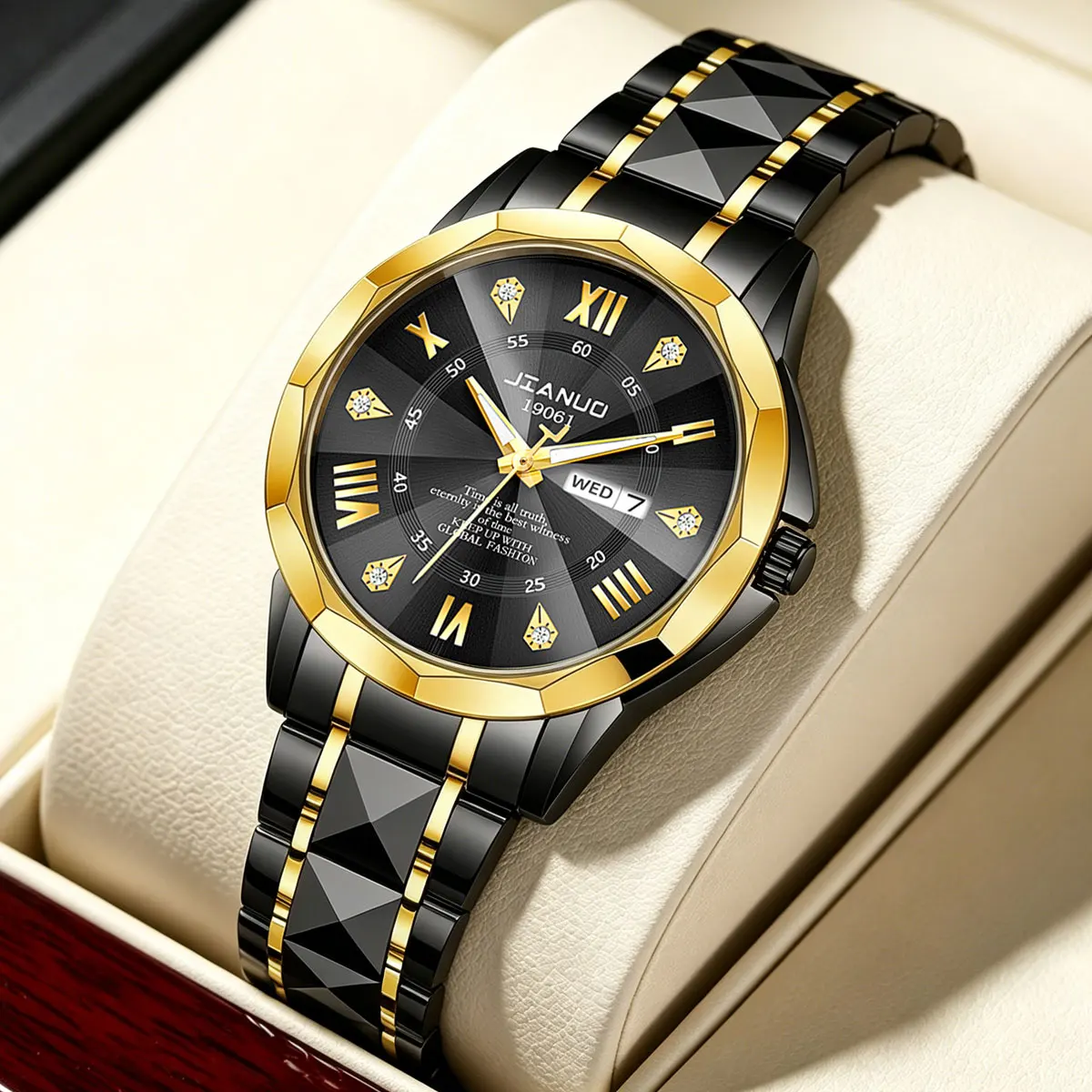 Luxury Men's Business Watch Stainless Steel Band Diamond Hour Markers Calendar Date Night Light Display Trendy Wristwatch
Luxury Men's Business Watch Stainless Steel Band Diamond Hour Markers Calendar Date Night Light Display Trendy Wristwatch