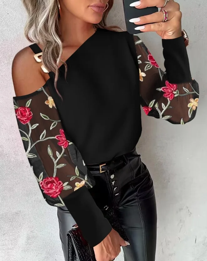 Fashion Woman Blouse Spring Floral Embroidery Mesh Patch Chain Decor Casual Cold Shoulder Long Sleeve Daily Semi-Sheer Top
Fashion Woman Blouse Spring Floral Embroidery Mesh Patch Chain Decor Casual Cold Shoulder Long Sleeve Daily Semi-Sheer Top
