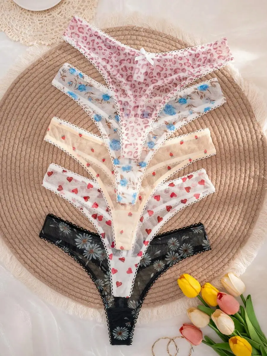 5 Pack Womens Lace Thong Underwear With Leopard Floral Heart Patterns And Bow Decor
5 Pack Womens Lace Thong Underwear With Leopard Floral Heart Patterns And Bow Decor