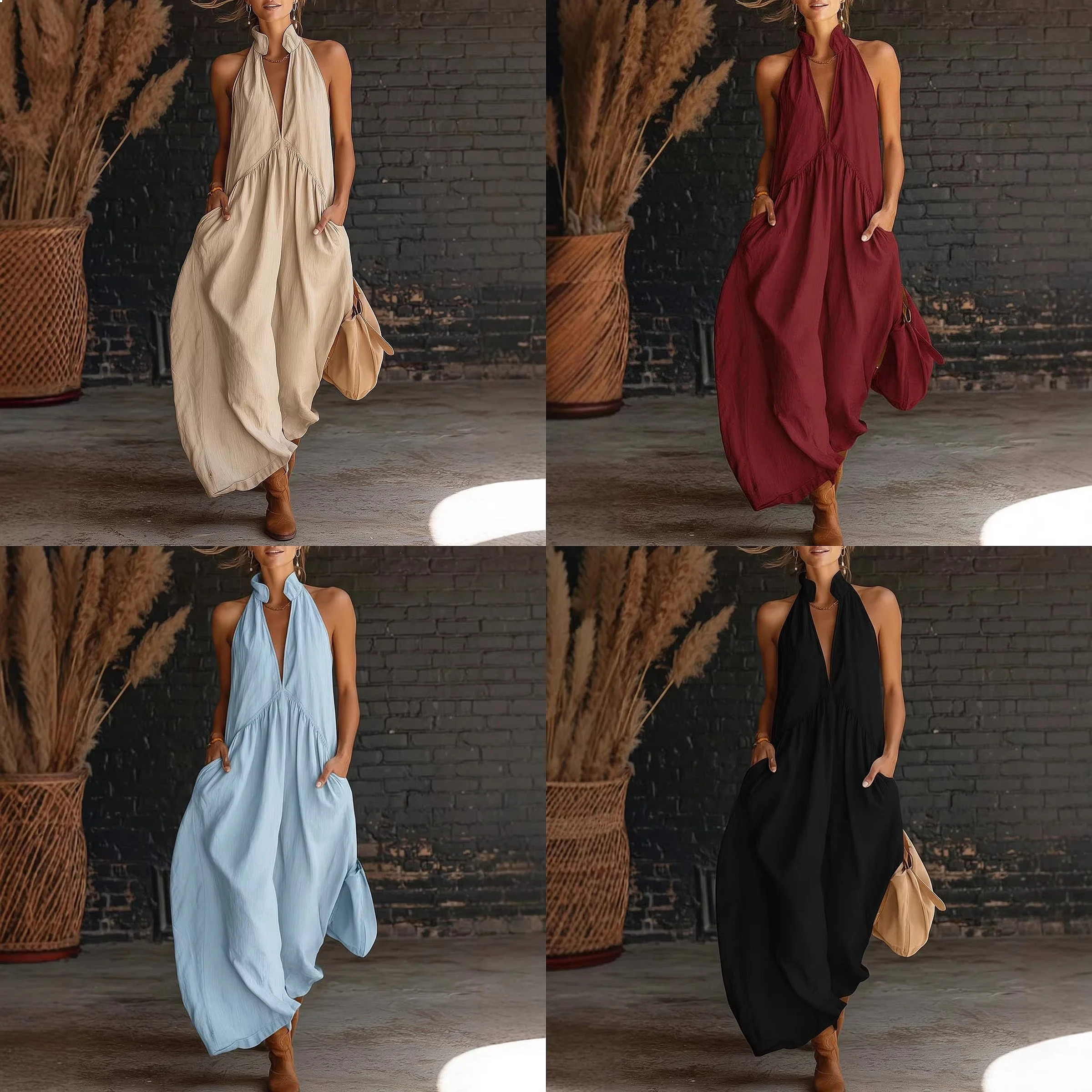 Women's Sleeveless Halter Neck Solid Color Long Dress Summer Casual Maxi Dress
Women's Sleeveless Halter Neck Solid Color Long Dress Summer Casual Maxi Dress