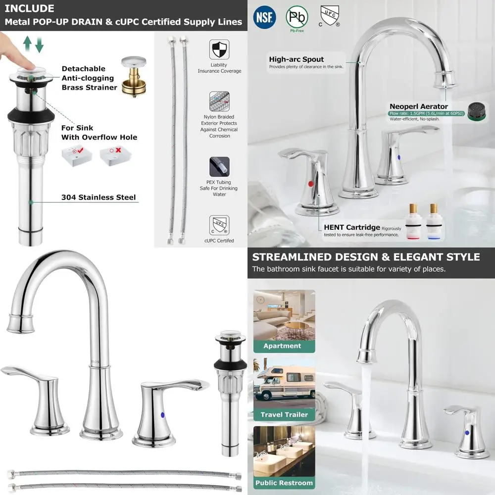 3-Hole Chrome Bathroom Sink Faucet with Metal Drain and Supply Lines, 8 Widespread, Demeter 1365101
3-Hole Chrome Bathroom Sink Faucet with Metal Drain and Supply Lines, 8 Widespread, Demeter 1365101