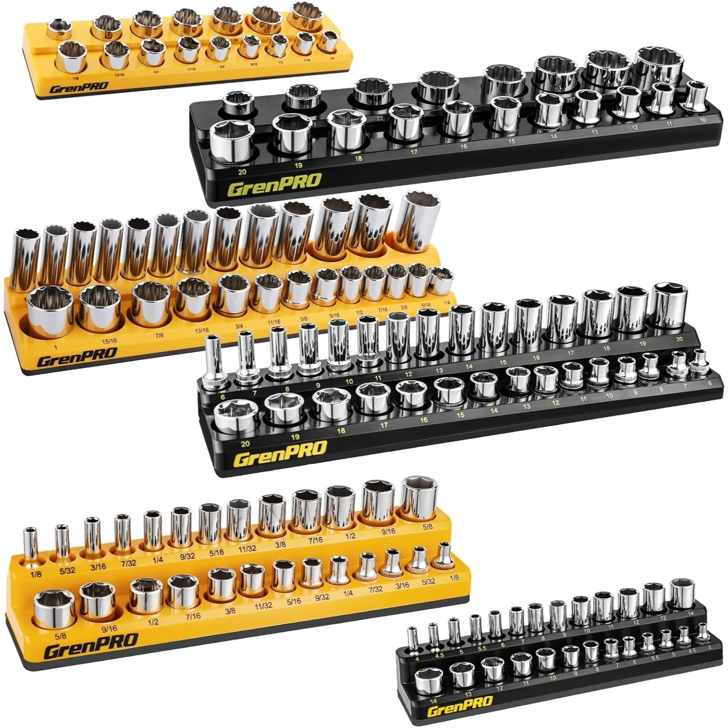 Magnetic Socket Organizer Set for Tool Box Drawer, 6pc 143 Metric & SAE Holders, 1/4" 3/8" 1/2" Drive Trays
Magnetic Socket Organizer Set for Tool Box Drawer, 6pc 143 Metric & SAE Holders, 1/4" 3/8" 1/2" Drive Trays