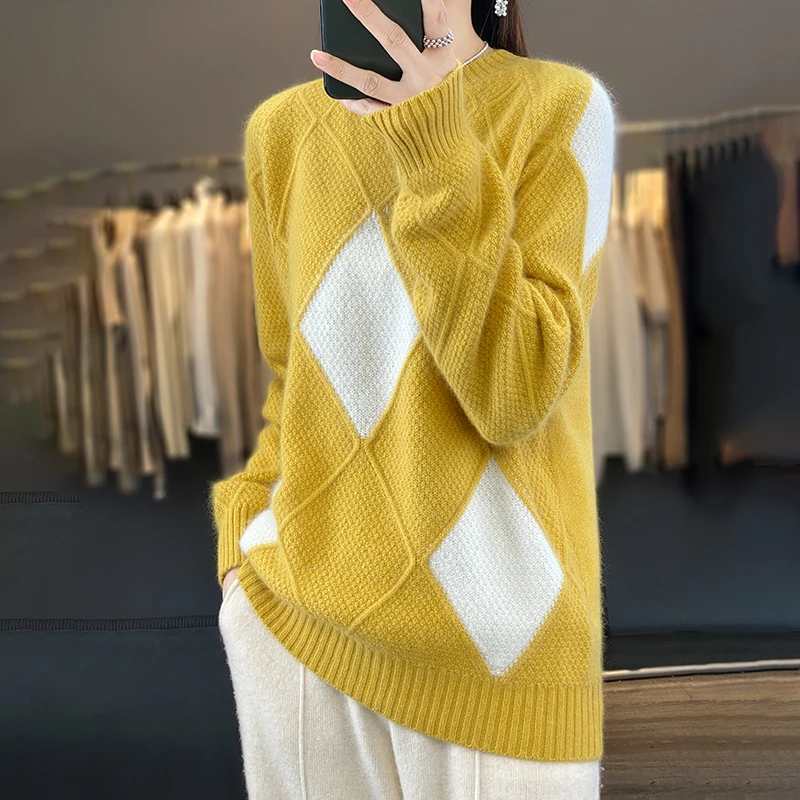 Вязаный свитер из чистой шерсти с цветными блоками ромбов для женщин, свободный пуловер с круглым вырезом, свободный топ на осень-зиму
Вязаный свитер из чистой шерсти с цветными блоками ромбов для женщин, свободный пуловер с круглым вырезом, свободный топ на осень-зиму