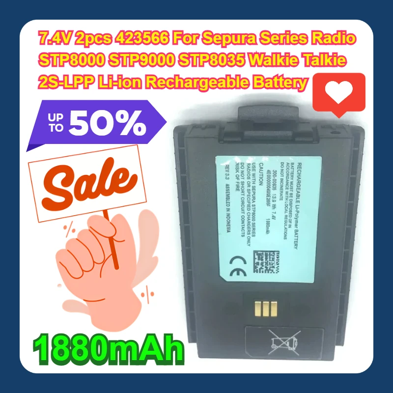 7.4V 2pcs 423566 For Sepura Series Radio STP8000 STP9000 STP8035 Walkie Talkie 2S-LPP 1880mAh Li-ion Rechargeable Battery
7.4V 2pcs 423566 For Sepura Series Radio STP8000 STP9000 STP8035 Walkie Talkie 2S-LPP 1880mAh Li-ion Rechargeable Battery