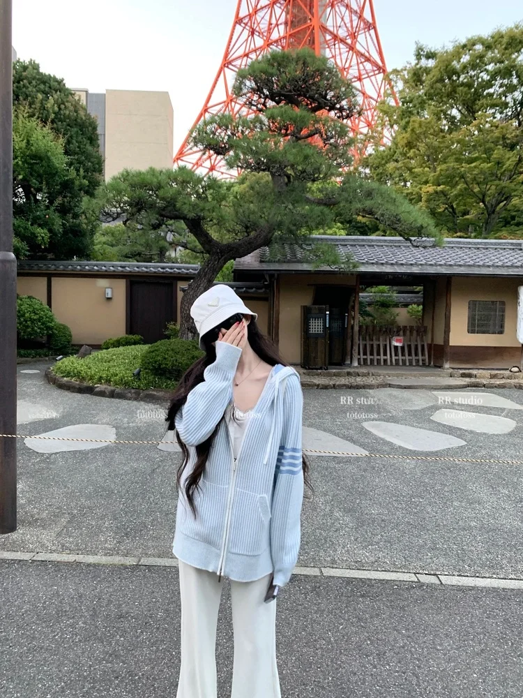 Нежно-голубой вязаный кардиган на молнии с V-образным вырезом для женщин, универсальный топ, плотный, новинка 25FW, прямой крой
Нежно-голубой вязаный кардиган на молнии с V-образным вырезом для женщин, универсальный топ, плотный, новинка 25FW, прямой крой