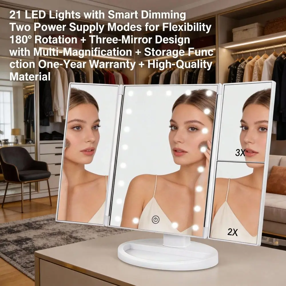Floor Mount TriFold Lighted Vanity Mirror With 21 LED Lights, Touch Screen And 3X 2X 1X Magnification, Two Power Supply Modes M
Floor Mount TriFold Lighted Vanity Mirror With 21 LED Lights, Touch Screen And 3X 2X 1X Magnification, Two Power Supply Modes M