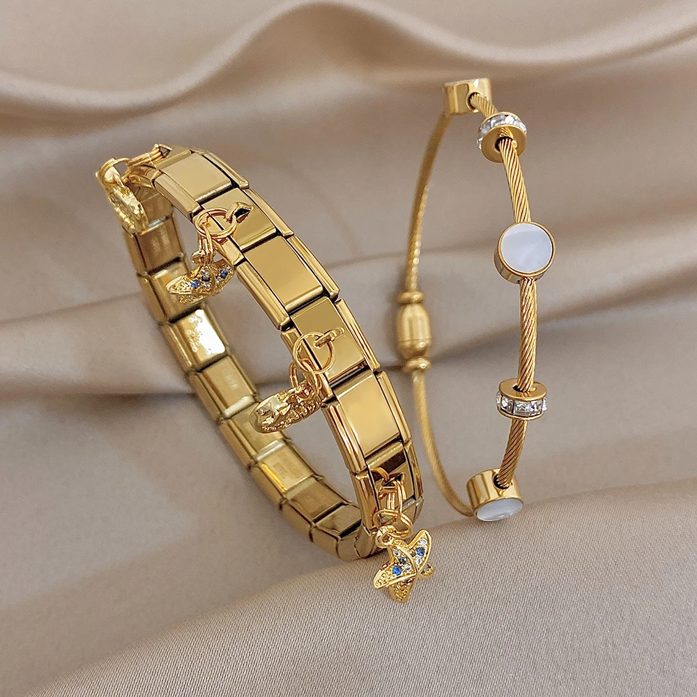 Trendy Starfish Pendant Italian Chain Elastic Stainless Steel Bangle for Women Woven Rope Circular Golden Bracelet Daily Jewelry
Trendy Starfish Pendant Italian Chain Elastic Stainless Steel Bangle for Women Woven Rope Circular Golden Bracelet Daily Jewelry