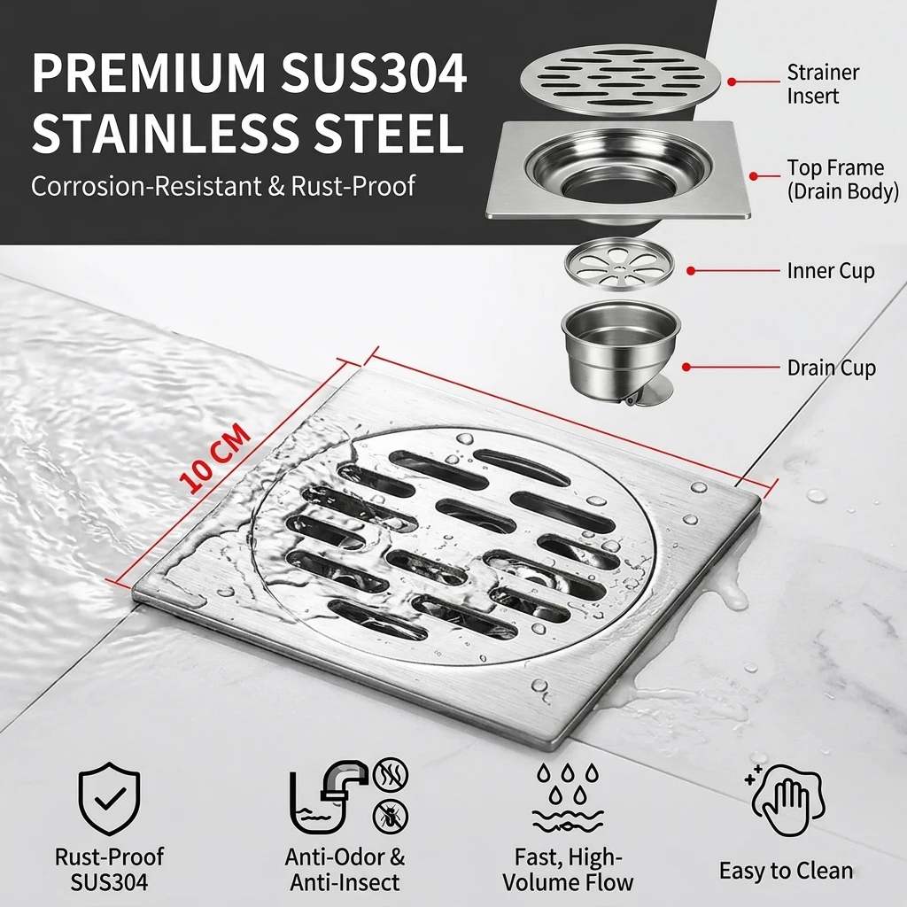 304 Stainless Steel Floor Drain Anti-Odor Dual Use for Washing Machine, Bathroom, Kitchen, Shower, Corrosion-Resistant Cover
304 Stainless Steel Floor Drain Anti-Odor Dual Use for Washing Machine, Bathroom, Kitchen, Shower, Corrosion-Resistant Cover