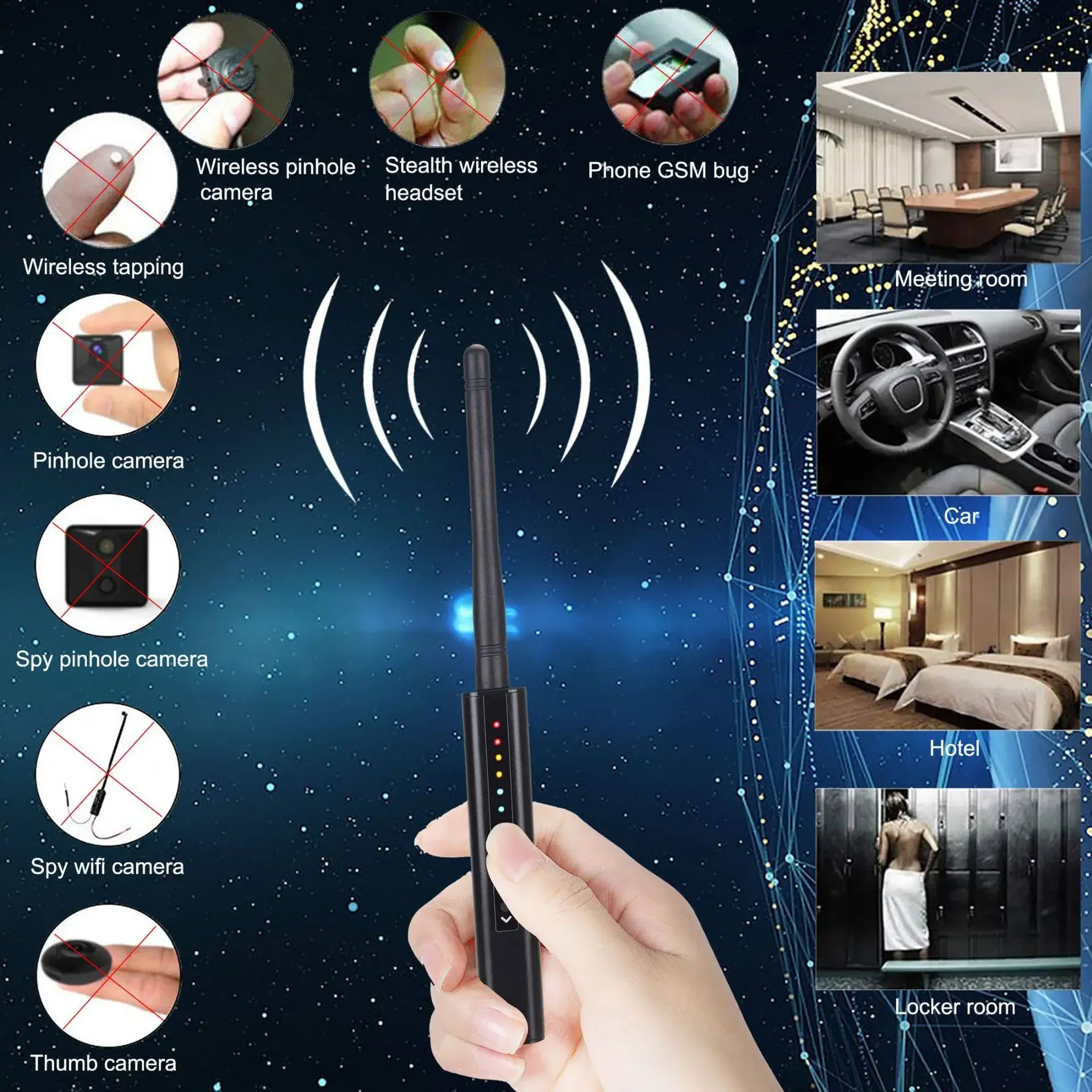 Детектор скрытых камер и жучков G728: обнаружение GSM-жучков, GPS-трекеров, аудио- и радиосигналов, беспроводных сканеров
Детектор скрытых камер и жучков G728: обнаружение GSM-жучков, GPS-трекеров, аудио- и радиосигналов, беспроводных сканеров