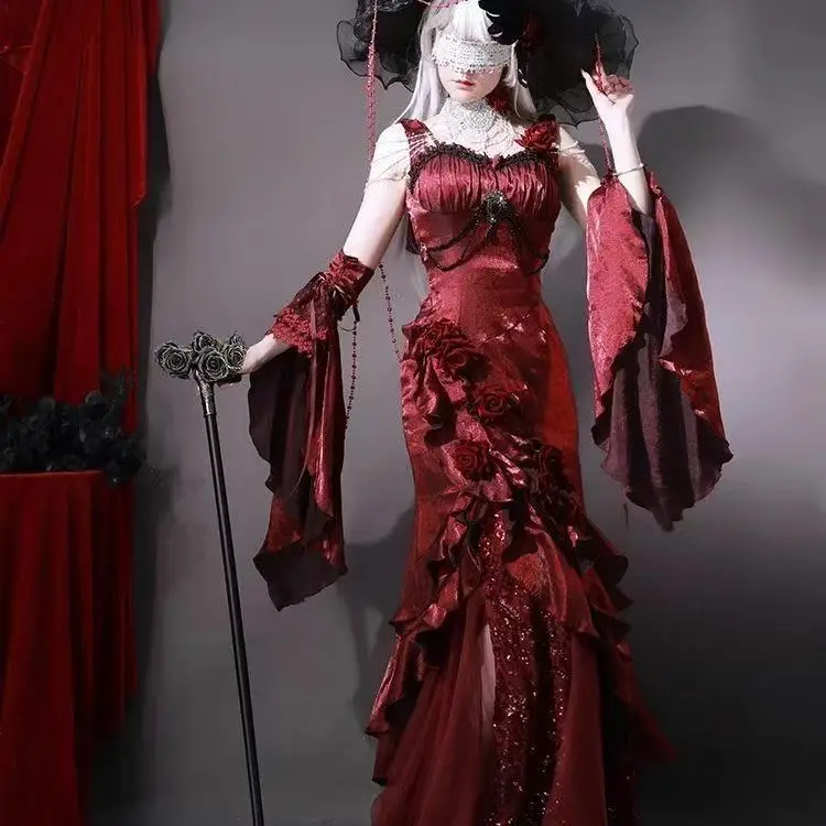 Halloween Costume Red Rose Fishtail Dress Women Lolita Sweet Sexy Girl Slim Goth Mid-length Suspender Dress with Hand Sleeves
Halloween Costume Red Rose Fishtail Dress Women Lolita Sweet Sexy Girl Slim Goth Mid-length Suspender Dress with Hand Sleeves