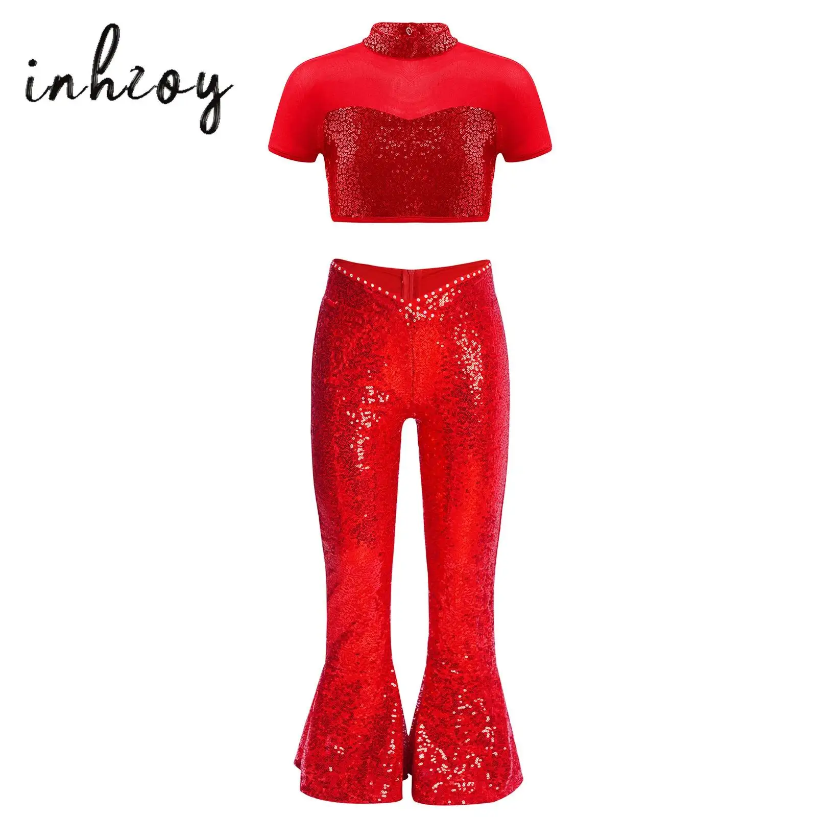 Kids Girls Jazz Dance Outfit Mock Neckline Short Sleeve Mesh Patchwork Cutout Back Sequins Crop Top with Pants Jazz Dancewear
Kids Girls Jazz Dance Outfit Mock Neckline Short Sleeve Mesh Patchwork Cutout Back Sequins Crop Top with Pants Jazz Dancewear