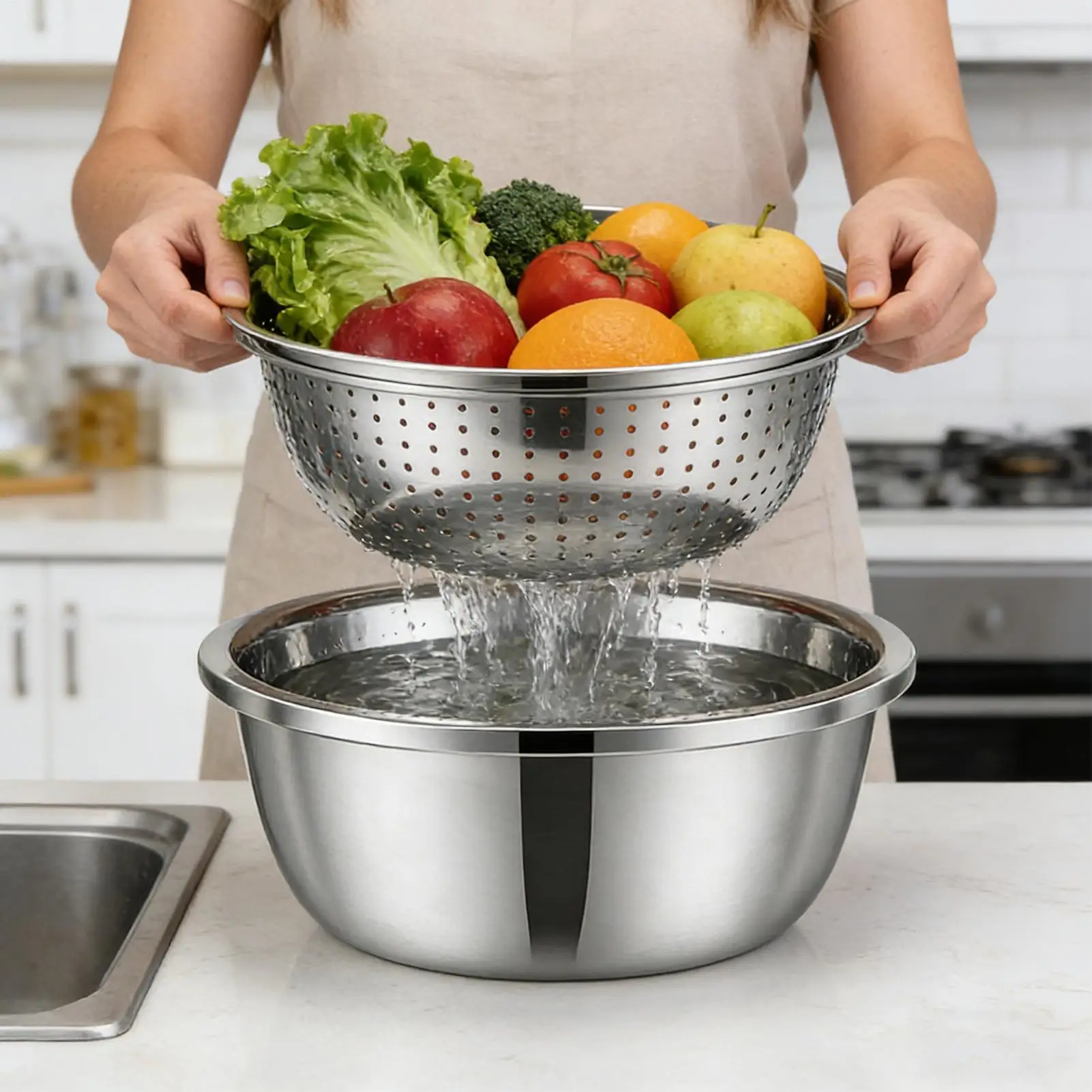 Набор из 26-сантиметровых корзин-дуршлагов из нержавеющей стали для мытья и слива овощей, фруктов, риса на кухне
Набор из 26-сантиметровых корзин-дуршлагов из нержавеющей стали для мытья и слива овощей, фруктов, риса на кухне