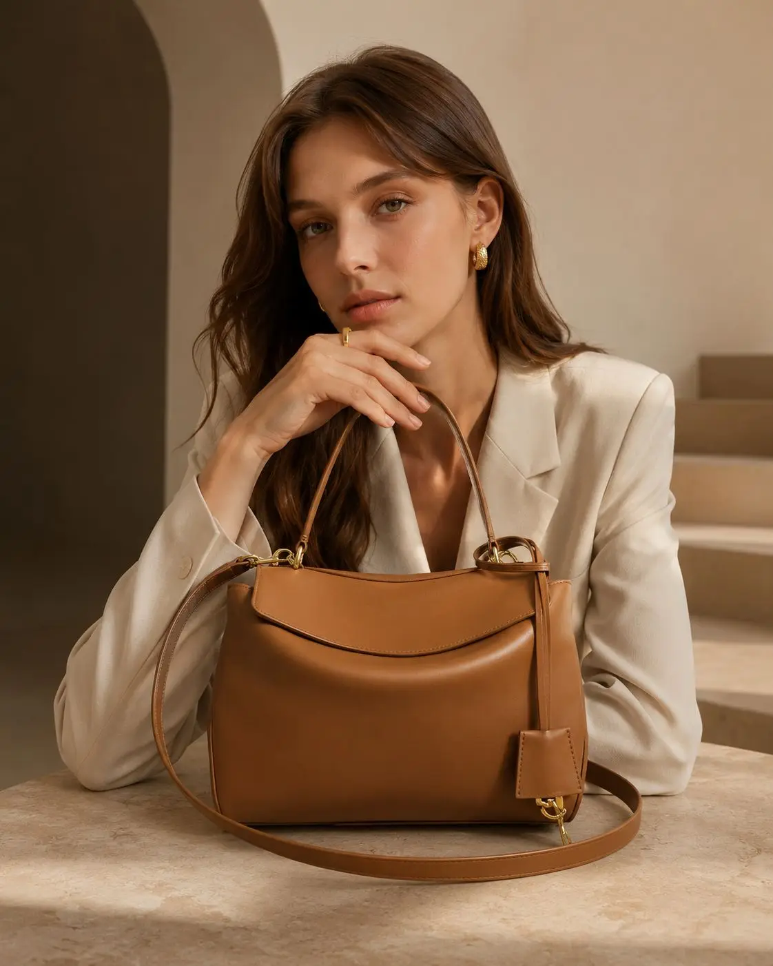 Caramel brown leather top handle bag with gold-tone hardware, detachable crossbody strap, and soft structured silhouette.
Caramel brown leather top handle bag with gold-tone hardware, detachable crossbody strap, and soft structured silhouette.