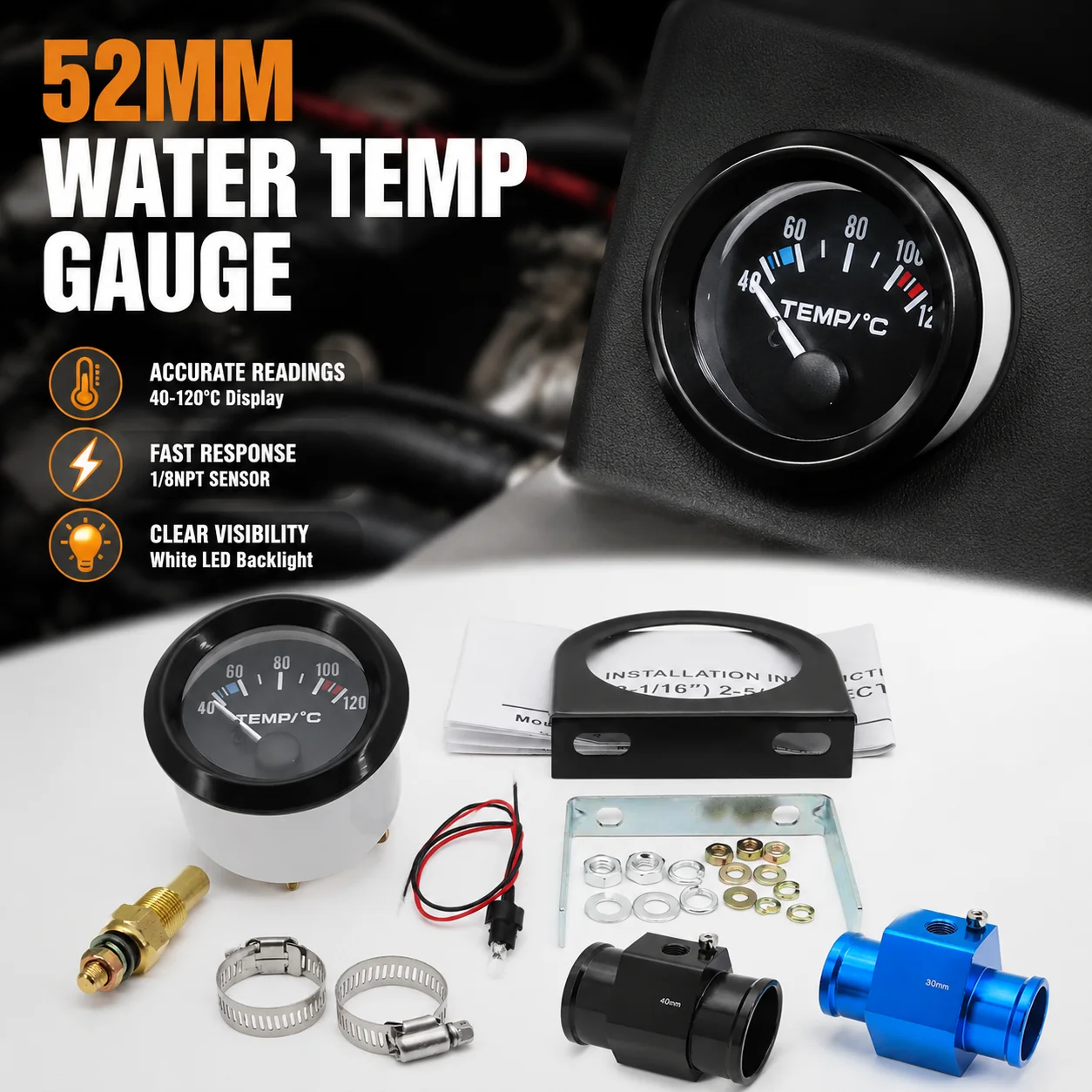52mm Water Temp Gauge 40-120℃ 1/8NPT Sensor with Adapter Pipe for Racing Car 12V White LED
52mm Water Temp Gauge 40-120℃ 1/8NPT Sensor with Adapter Pipe for Racing Car 12V White LED