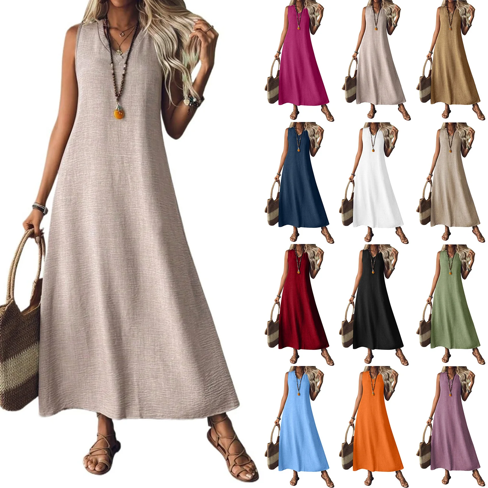 Women's Casual Dresses Sleeveless V-neck Summer Maxi Dress Bohemian With Back Zipper Beach Loose And Slimming Design Trend
Women's Casual Dresses Sleeveless V-neck Summer Maxi Dress Bohemian With Back Zipper Beach Loose And Slimming Design Trend