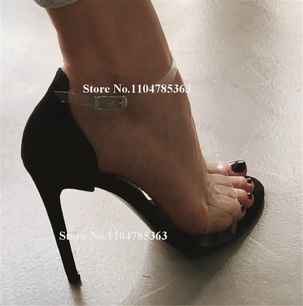 Модные женские босоножки на шпильке с прозрачными ремешками из ПВХ, черные замшевые лоскутные босоножки с открытым носком, прозрачные вечерние туфли на тонком каблуке
Модные женские босоножки на шпильке с прозрачными ремешками из ПВХ, черные замшевые лоскутные босоножки с открытым носком, прозрачные вечерние туфли на тонком каблуке