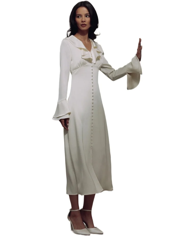 New Women Slim Long Sleeve High Waist Temperament Dresses Ruffle V Neck Elegant Dress Femme Party Slit Long Dress Woman
New Women Slim Long Sleeve High Waist Temperament Dresses Ruffle V Neck Elegant Dress Femme Party Slit Long Dress Woman