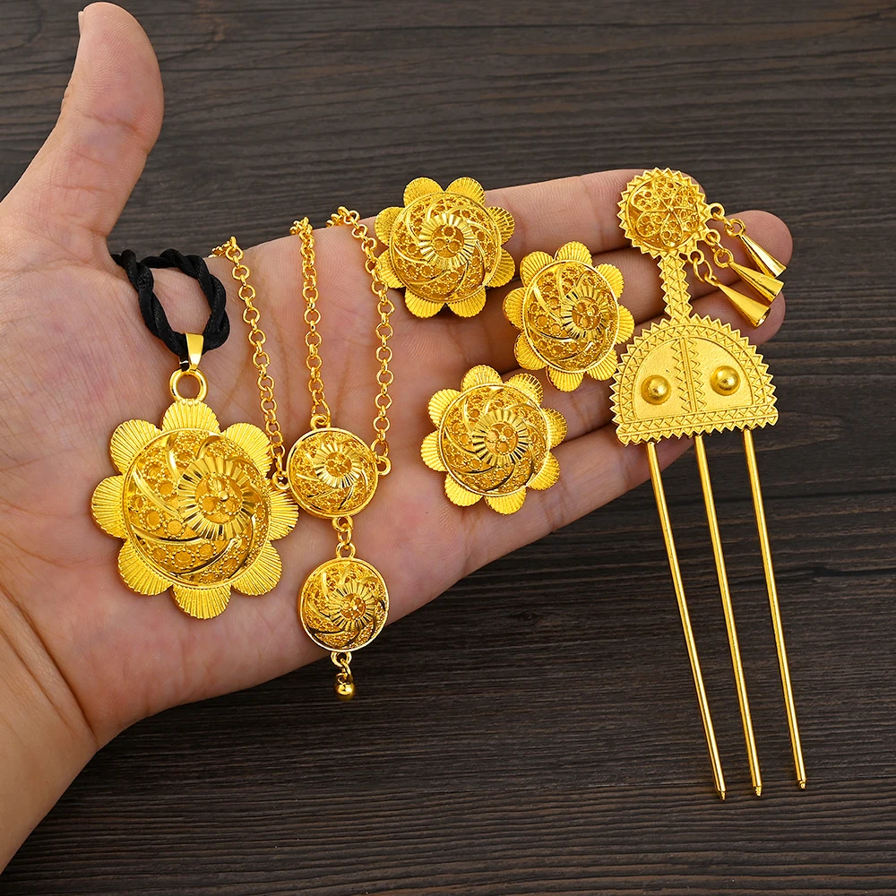 Luxury Gold Plated Bridal Jewelry Sets for Women Ethiopian Pendant Hairpin Necklace Earrings Ring Wedding Gift
Luxury Gold Plated Bridal Jewelry Sets for Women Ethiopian Pendant Hairpin Necklace Earrings Ring Wedding Gift