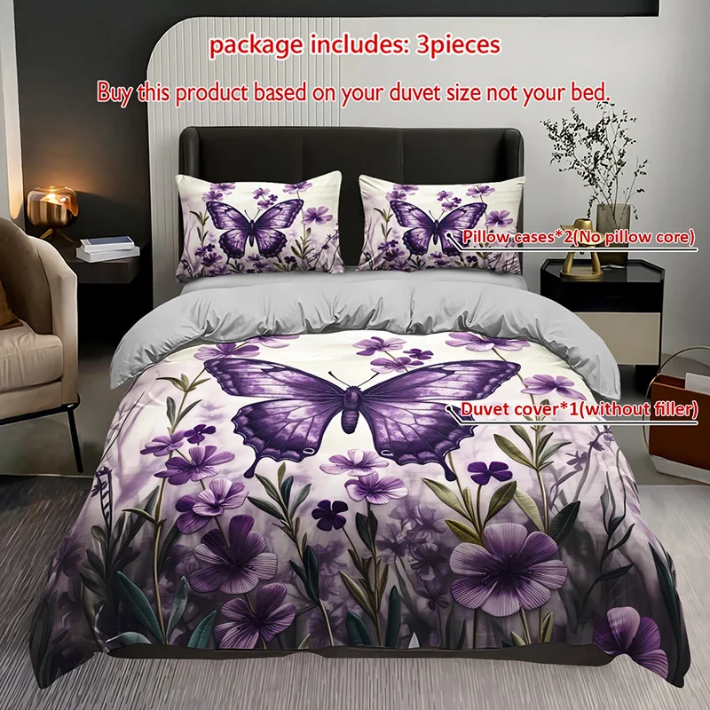 3pcs Purple Butterfly Floral Bedding Duvet Cover Set - Lavender & Purple Floral Design with Large Butterflies, Soft Polyester
3pcs Purple Butterfly Floral Bedding Duvet Cover Set - Lavender & Purple Floral Design with Large Butterflies, Soft Polyester