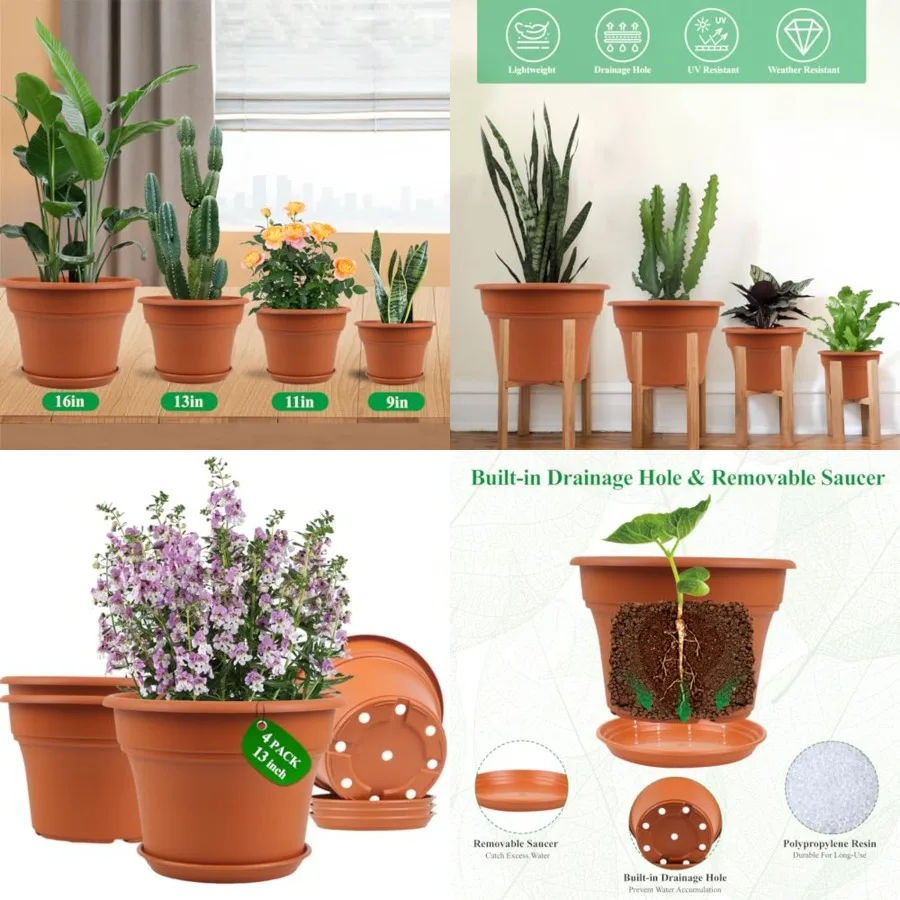 13 Inch Plastic-Flower-Pot-for-Indoor-Plants, 4 Pack Large Outdoor Planter Pot with Drainage Holes and Saucers, Resin Decorativ
13 Inch Plastic-Flower-Pot-for-Indoor-Plants, 4 Pack Large Outdoor Planter Pot with Drainage Holes and Saucers, Resin Decorativ