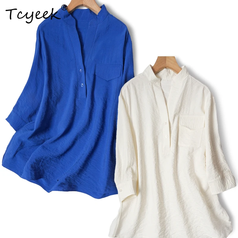 Tcyeek 76% Mulberry Silk 24% Nylon Spring Summer V-neck Loose Seven Quarter Sleeves Solid Color Straight Tube Women's Shirts 셔츠
Tcyeek 76% Mulberry Silk 24% Nylon Spring Summer V-neck Loose Seven Quarter Sleeves Solid Color Straight Tube Women's Shirts 셔츠