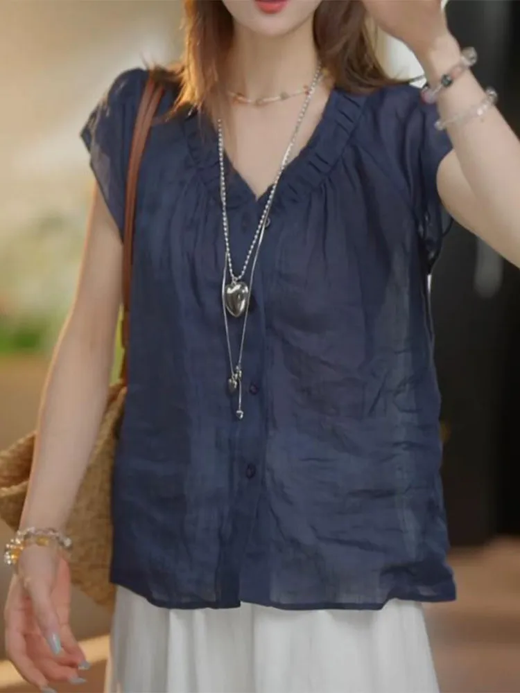 Cobalt Blue V-neck Pleated Short Sleeve Shirt Women's Fashionable Unique Summer Top Korean Style Loose Fit Button Detail
Cobalt Blue V-neck Pleated Short Sleeve Shirt Women's Fashionable Unique Summer Top Korean Style Loose Fit Button Detail