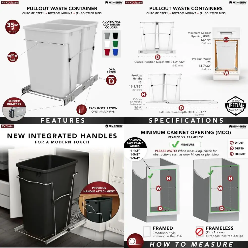 35-Qt Kitchen Cabinet Double Trash & Recycling Bin with Full-Extension Slides, Silver
35-Qt Kitchen Cabinet Double Trash & Recycling Bin with Full-Extension Slides, Silver